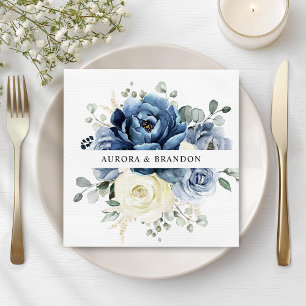 Dusty Blue Navy Champagne Ivory Floral Wedding Napkin