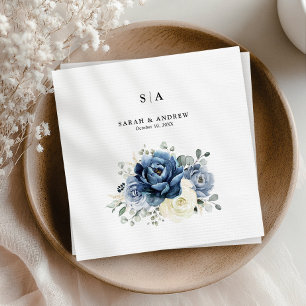 Dusty Blue Navy Champagne Ivory Floral Wedding Napkin