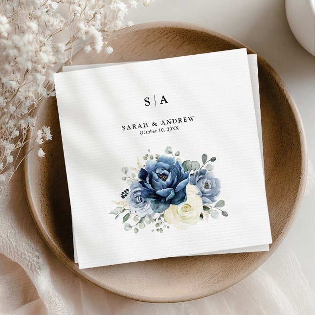 Dusty Blue Navy Champagne Ivory Floral Wedding Napkin (Dusty Blue Navy Champagne Ivory Floral Wedding Napkins)