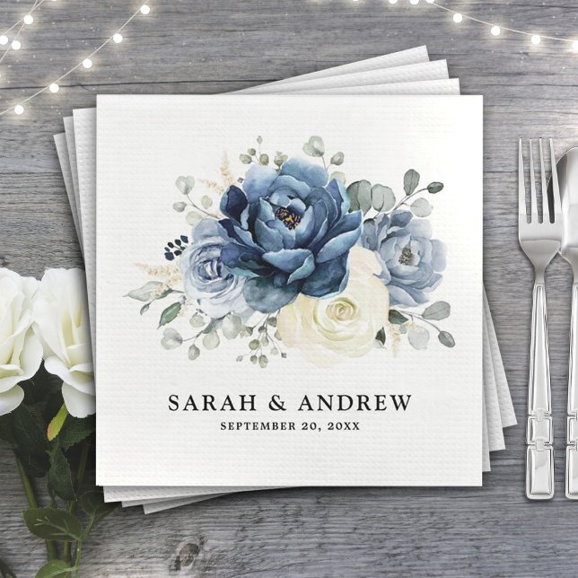 Dusty Blue Navy Champagne Ivory Floral Wedding Napkin (Creator Uploaded)