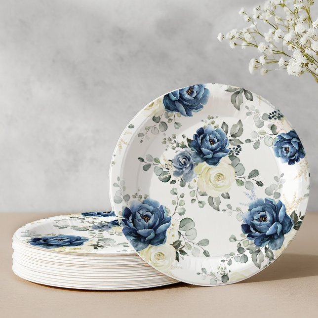 Dusty Blue Navy Champagne Ivory Floral Wedding Pap Paper Plate (Dusty Blue Navy Champagne Ivory Floral Wedding Pap Paper Plates)