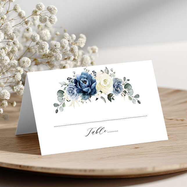 Dusty Blue Navy Champagne Ivory Floral Wedding Place Card (Dusty Blue Navy Champagne Ivory Floral Wedding Place Card)