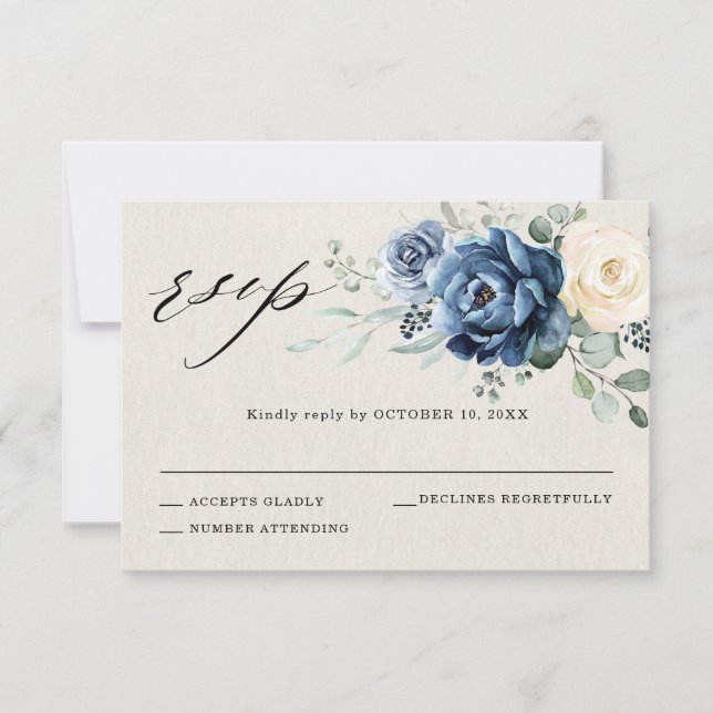 Dusty Blue Navy Champagne Ivory Floral Wedding RSV RSVP Card (Front)