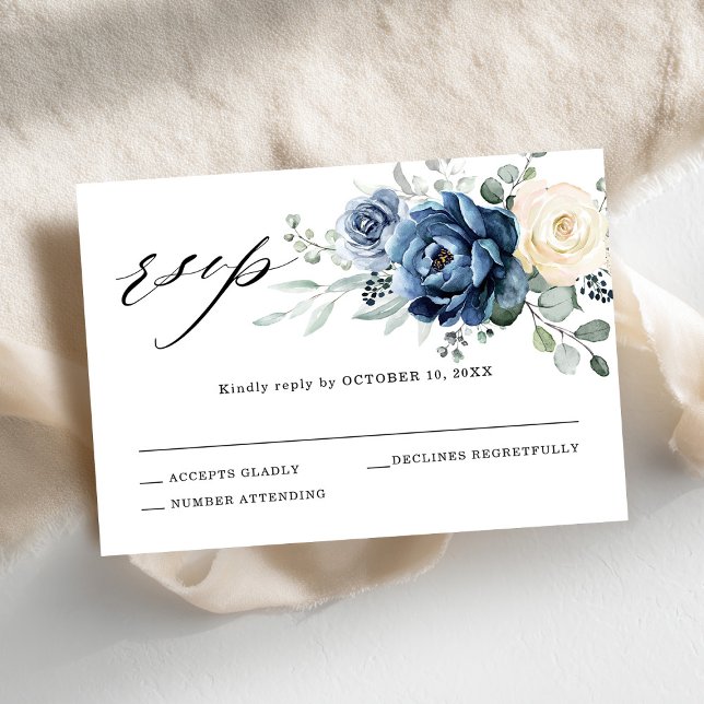 Dusty Blue Navy Champagne Ivory Floral Wedding RSVP Card (Dusty Blue Navy Champagne Ivory Floral Wedding RSVP Card)