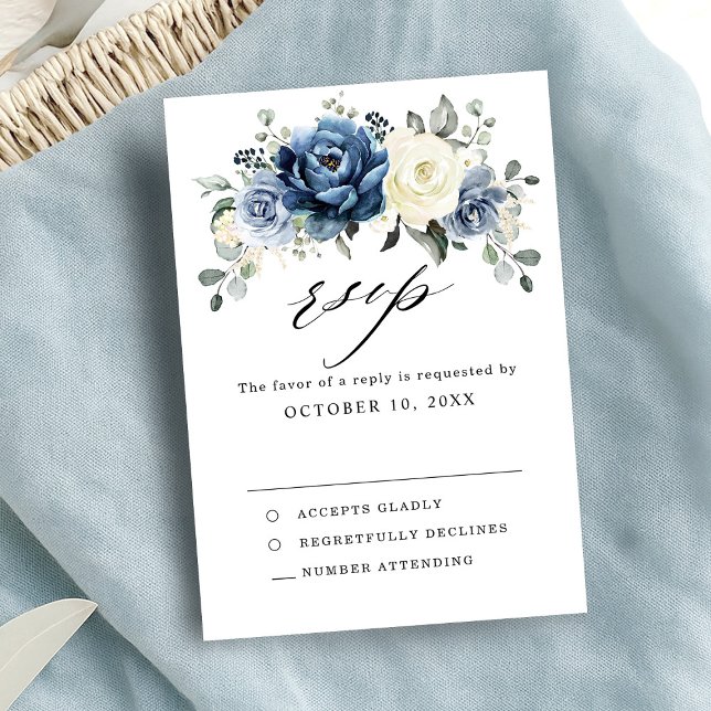 Dusty Blue Navy Champagne Ivory Floral Wedding RSVP Card (Dusty Blue Navy Champagne Ivory Floral Wedding RSVP Card)