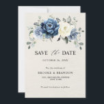 Dusty Blue Navy Champagne Ivory Floral Wedding Sav Save The Date<br><div class="desc">Dusty blue floral wedding save the date card featuring elegant bouquet of navy blue, royal blue , white , gold, champagne ivory, blush colour rose , ranunculus flower buds and sage green eucalyptus leaves and elegant watercolor boquet. Please contact me for any help in customisation or if you need any...</div>