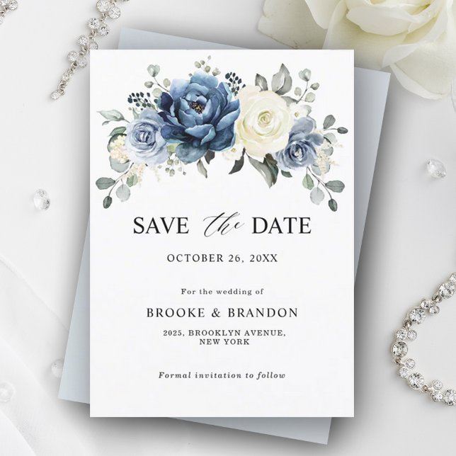 Dusty Blue Navy Champagne Ivory Floral Wedding Save The Date (Dusty blue ivory save the date card)