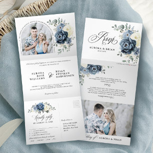 Dusty Blue Navy Champagne Ivory Floral Wedding Tri-Fold Announcement