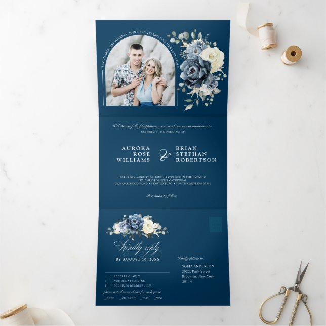Dusty Blue Navy Champagne Ivory Floral Wedding Tri-Fold Announcement (Inside)