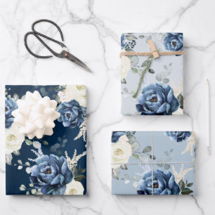 Dusty Blue Navy Champagne Ivory Floral Wedding Wra Wrapping Paper Sheet