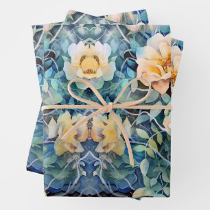 DUSTY BLUE, NAVY, CHAMPAGNE & IVORY FLORAL WRAPPING PAPER SHEET