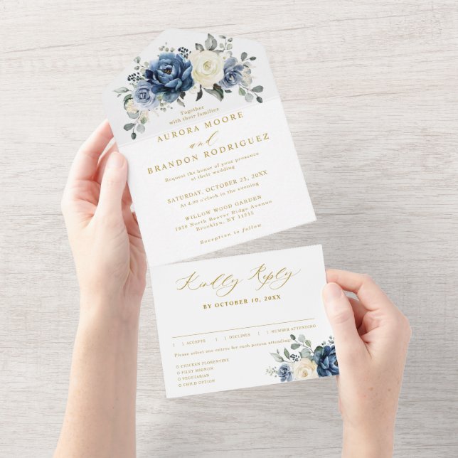 Dusty Blue Navy Champagne Ivory gold Wedding       All In One Invitation (Tearaway)