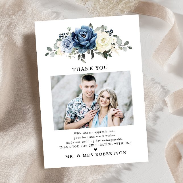 Dusty Blue Navy Champagne Ivory Photo wedding Thank You Card (Dusty Blue Navy Champagne Ivory Photo wedding Thank You Card)