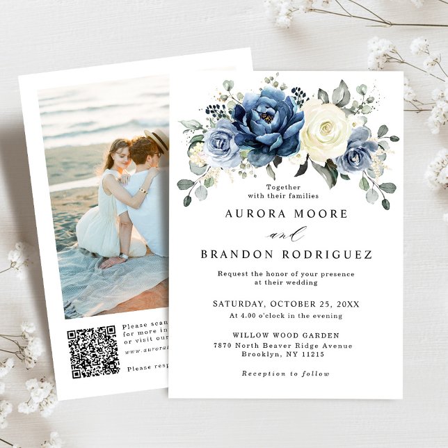 Dusty Blue Navy Champagne Ivory QR Code Wedding Invitation (Dusty blue champagne ivory floral QR code Photo wedding invitation)