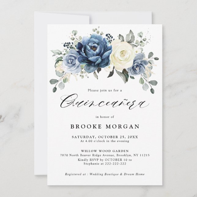 Dusty Blue Navy Champagne Ivory Quinceañera Invitation (Front)