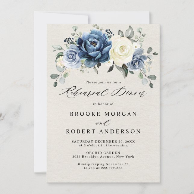 Dusty Blue Navy Champagne Ivory Rehearsal Dinner I Invitation (Front)