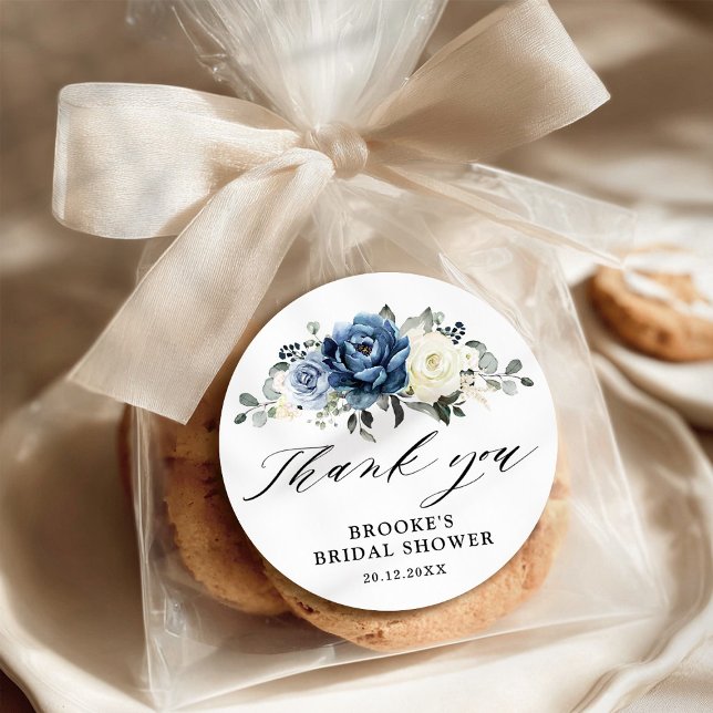 Dusty Blue Navy Champagne Ivory Thank you Classic  Classic Round Sticker (Dusty Blue Navy Champagne Ivory Bridal shower Thank you Classic Classic Round Sticker)