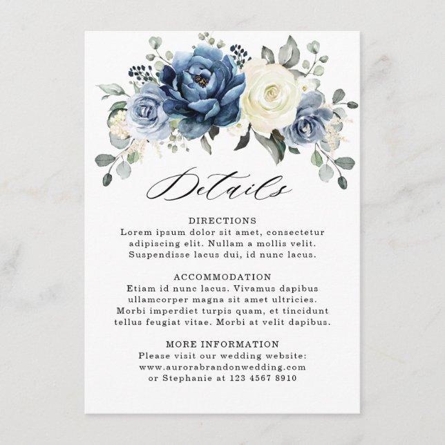 Dusty Blue Navy Champagne Ivory Wedding Details Enclosure Card (Front)