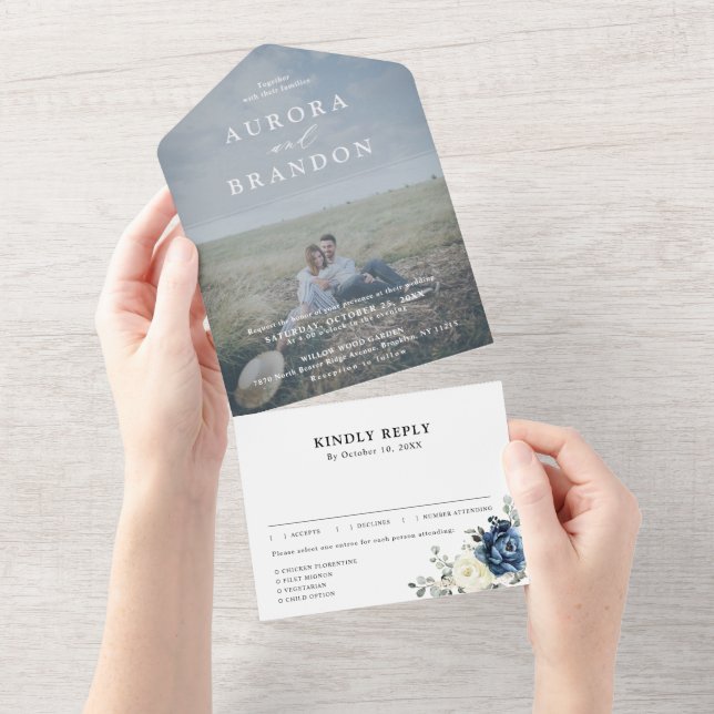 Dusty Blue Navy Champagne Ivory Wedding Photo      All In One Invitation (Tearaway)