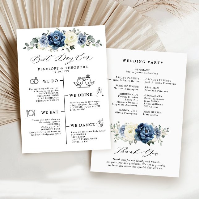 Dusty Blue Navy Champagne Ivory Wedding Program  Invitation (Dusty Blue Navy Champagne Ivory Wedding Program card | Best day ever)