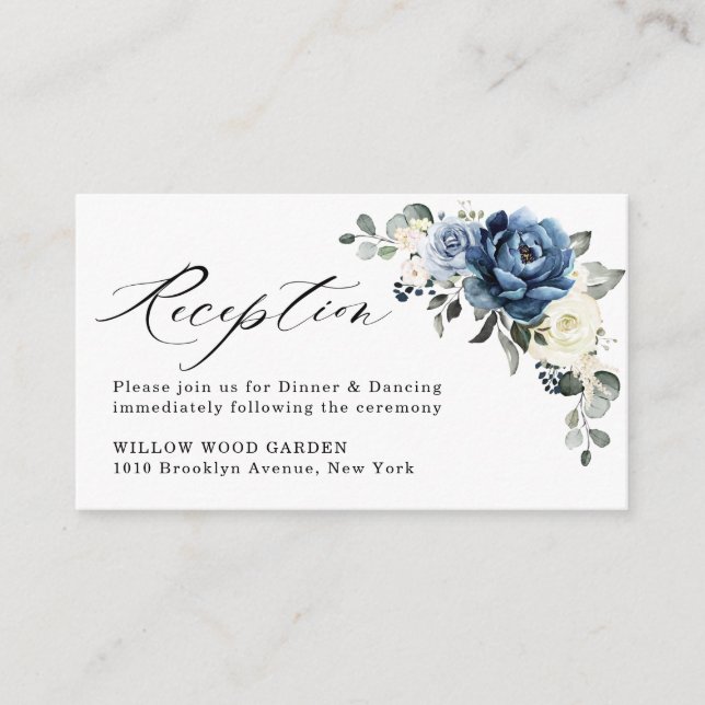 Dusty Blue Navy Champagne Ivory Wedding Reception Enclosure Card (Front)