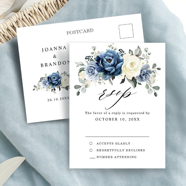 Dusty Blue Navy Champagne Ivory Wedding RSVP Postcard (Dusty Blue Navy Champagne Ivory Wedding RSVP Postcard)
