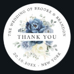 Dusty Blue Navy Champagne ivory Wedding Thank you Classic Round Sticker<br><div class="desc">Dusty blue floral wedding thank you sticker featuring elegant bouquet of navy blue, royal blue , white , gold, champagne ivory, blush colour rose , ranunculus flower buds and sage green eucalyptus leaves and elegant watercolor bouquet. Please contact me for any help in customisation or if you need any other...</div>