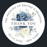 Dusty Blue Navy Champagne ivory Wedding Thank you Classic Round Sticker<br><div class="desc">Dusty blue floral wedding thank you sticker featuring elegant bouquet of navy blue, royal blue , white , gold, champagne ivory, blush colour rose , ranunculus flower buds and sage green eucalyptus leaves and elegant watercolor bouquet. Please contact me for any help in customisation or if you need any other...</div>