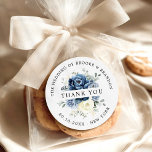 Dusty Blue Navy Champagne ivory Wedding Thank you Classic Round Sticker<br><div class="desc">Dusty blue floral wedding thank you sticker featuring elegant bouquet of navy blue, royal blue , white , gold, champagne ivory, blush colour rose , ranunculus flower buds and sage green eucalyptus leaves and elegant watercolor bouquet. Please contact me for any help in customisation or if you need any other...</div>