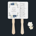 Dusty Blue Navy Champagne Ivory wedding Timeline Hand Fan<br><div class="desc">Dusty blue floral wedding itinerary timeline hand fan featuring elegant bouquet of navy blue, royal blue , white , gold, champagne ivory, blush colour rose , ranunculus flower buds and sage green eucalyptus leaves and elegant watercolor bouquet. Please contact me for any help in customisation or if you need any...</div>