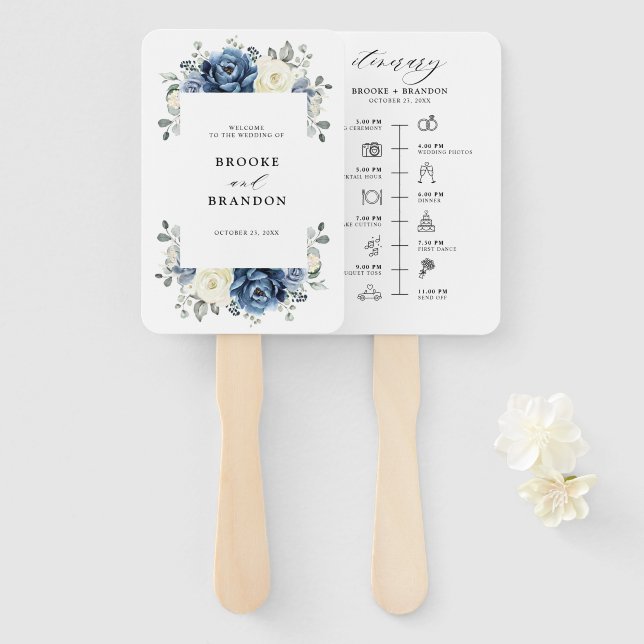 Dusty Blue Navy Champagne Ivory wedding Timeline Hand Fan (Front and Back)