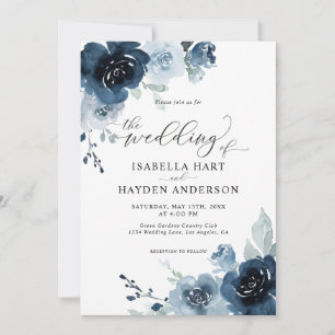 Dusty Blue Navy Dark Slate Floral Pastel Wedding Invitation