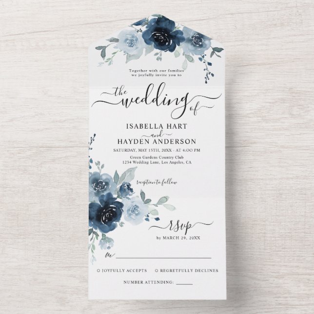 Dusty Blue Navy Floral Boho Botanical Wedding RSVP All In One Invitation (Inside)