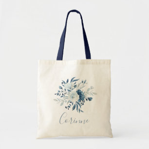 Dusty Blue Navy Floral Bouquet Bridesmaid Tote Bag