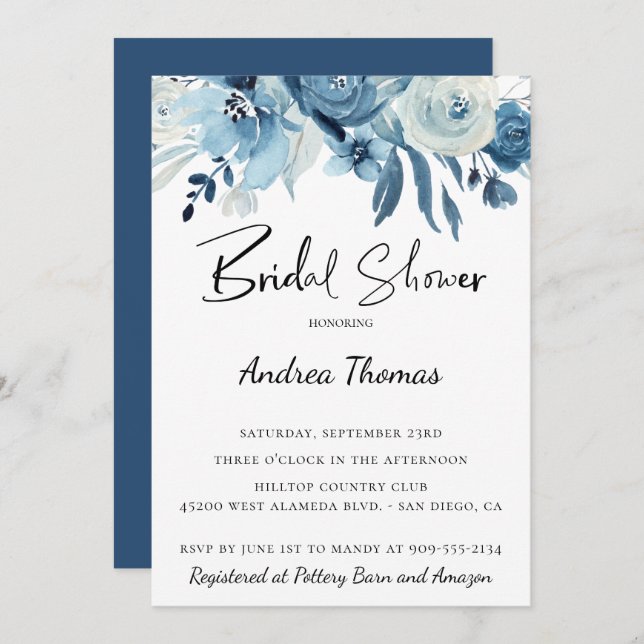 Dusty Blue Navy Floral Bridal Shower Invitation (Front/Back)