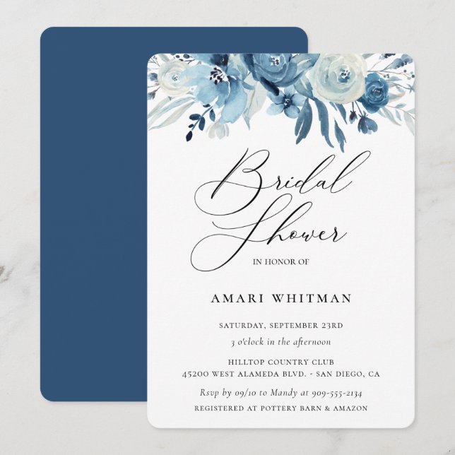 Dusty Blue Navy Floral Bridal Shower Invitation (Front/Back)