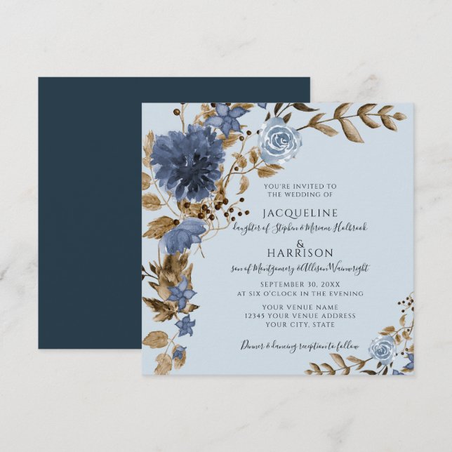 Dusty Blue Navy Floral Earth Tone Greenery Wedding Invitation (Front/Back)