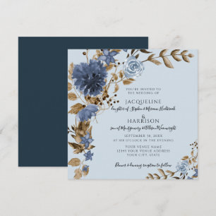 Dusty Blue Navy Floral Earth Tone Greenery Wedding Invitation