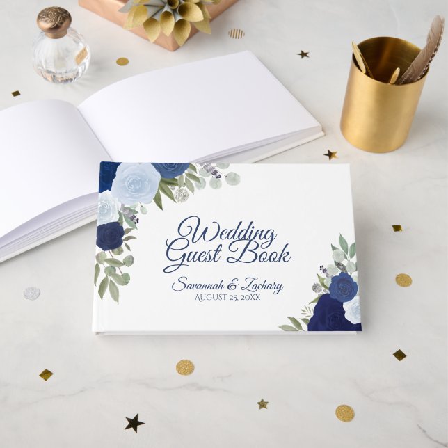 Dusty Blue & Navy Floral Elegant Boho Wedding Guest Book (Front Open)