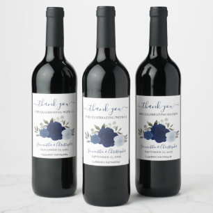 Dusty Blue & Navy Floral Elegant Wedding Thank You Wine Label