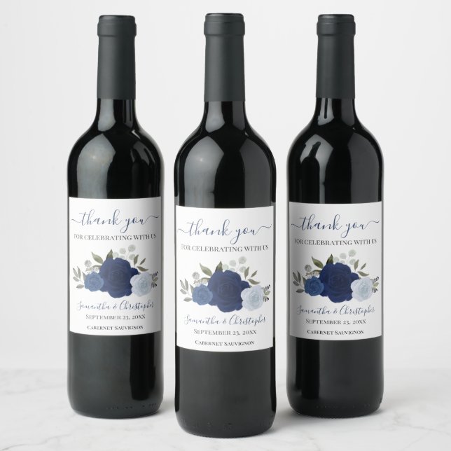 Dusty Blue & Navy Floral Elegant Wedding Thank You Wine Label (Bottles)