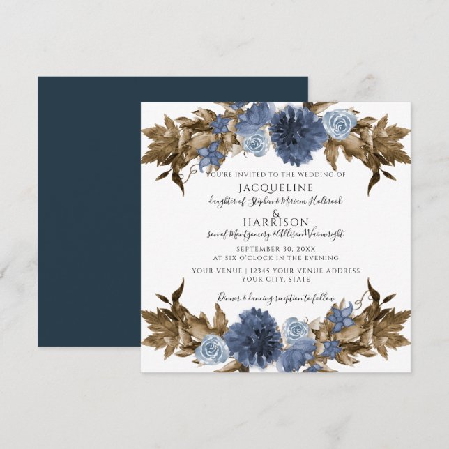 Dusty Blue Navy Floral Fall Brown Foliage Wedding Invitation (Front/Back)