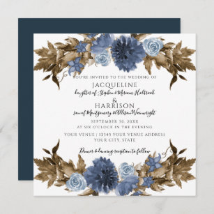 Dusty Blue Navy Floral Fall Brown Foliage Wedding Invitation
