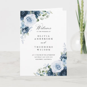 Dusty Blue Navy Floral Folded Wedding Ceremony Programme