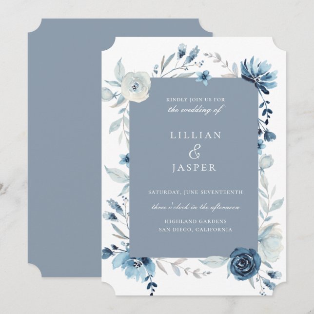 Dusty Blue Navy Floral Frame Wedding Invitation (Front/Back)
