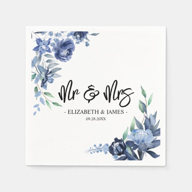 Dusty Blue Navy Floral Mr & Mrs Wedding  Napkin (Front)