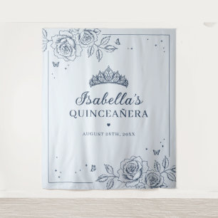 Dusty Blue & Navy Floral Quinceañera Tapestry