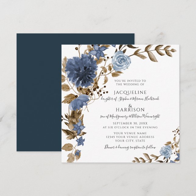 Dusty Blue Navy Floral Rustic Foliage Wedding Invitation (Front/Back)