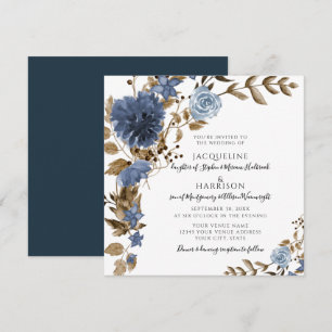 Dusty Blue Navy Floral Rustic Foliage Wedding Invitation
