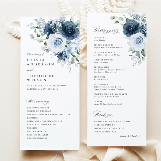 Dusty Blue Navy Floral Watercolor Wedding Ceremony Programme (Dusty blue navy floral wedding program set, watercolor bouquet, elegant fine art stationery)